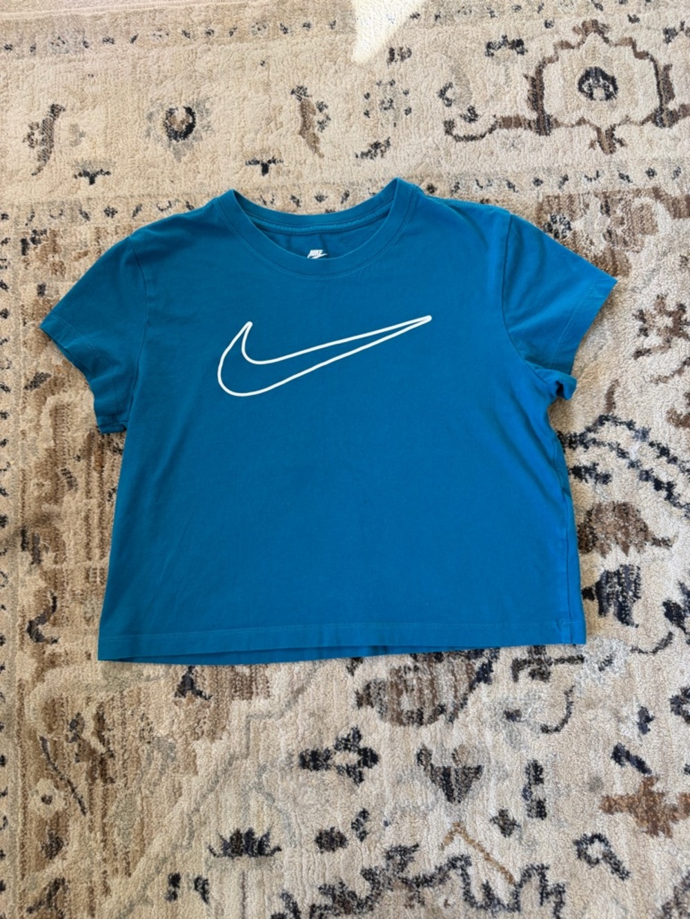 Women’s small ( loose fit cropped)  Nike Teal Short Sleeve Tee with White Swoosh